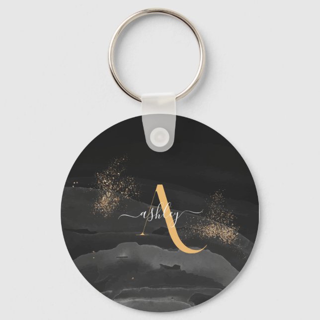 Gold Dripping Glitter Monogram Custom Metallic Key Ring (Front)