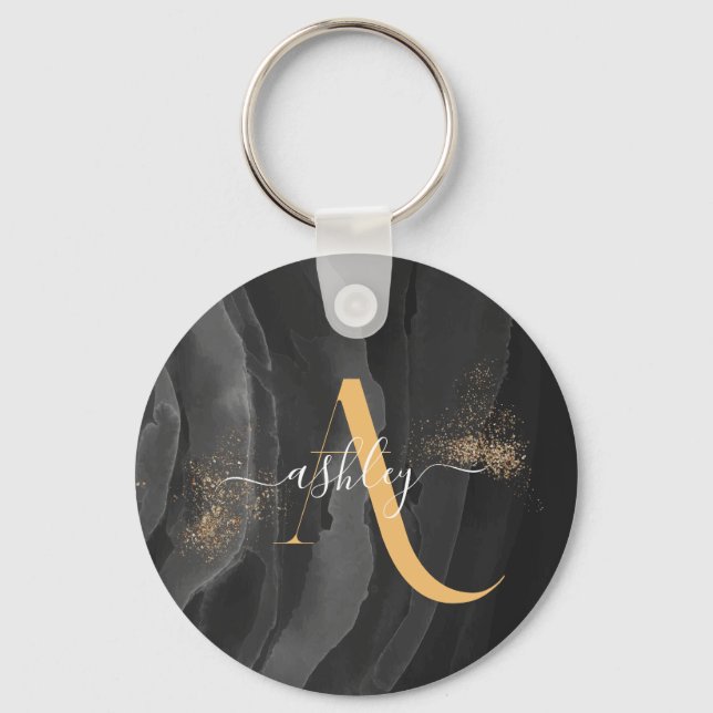 Gold Dripping Glitter Monogram Custom Metallic Key Ring (Front)