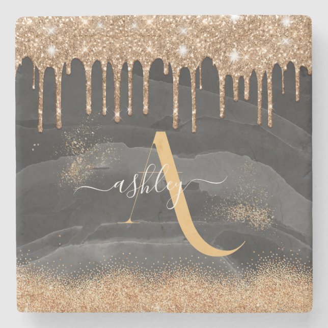 Gold Dripping Glitter Monogram Custom Metallic Stone Coaster (Front)