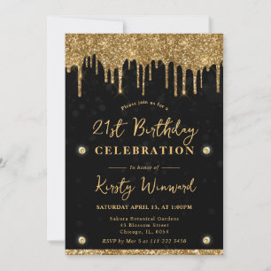 Gold Dripping Glitter on Black Bokeh 21st Birthday Invitation