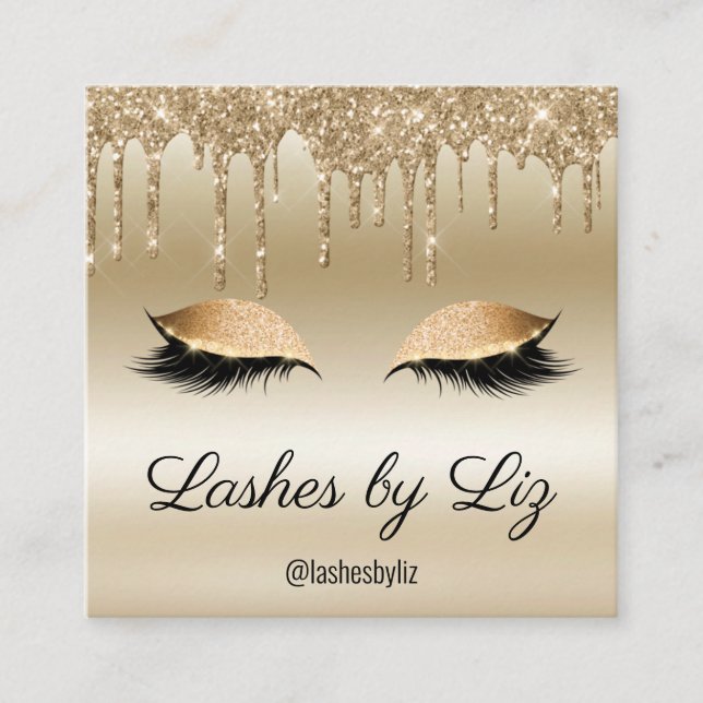 Gold Dripping Glitter Sparkle Eyelash Extension Square Business Card (Front)