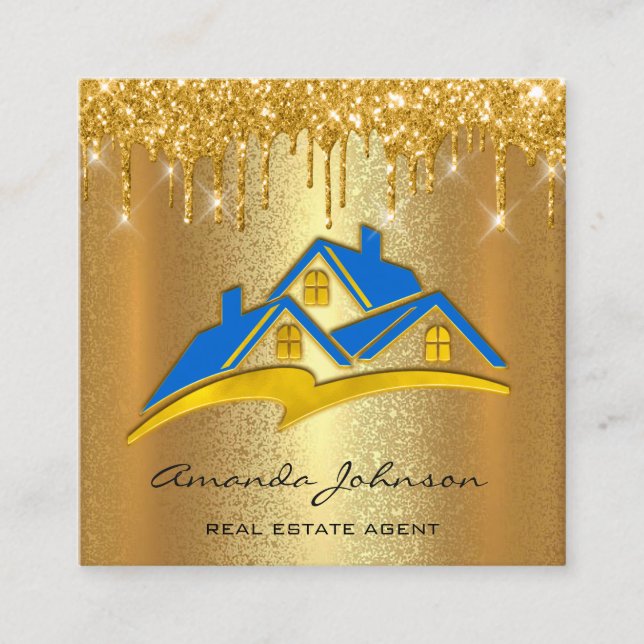 Gold Drips Blue Logo House Real Estate Agent Square Business Card (Front)