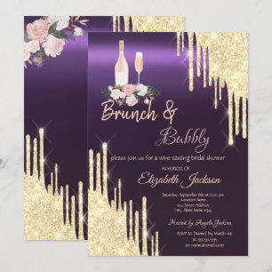 Gold Drips Brunch & Bubbly Purple Bridal Shower   Invitation