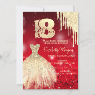 Gold  Drips Dress Red Bokeh 18th Birthday  Invitation