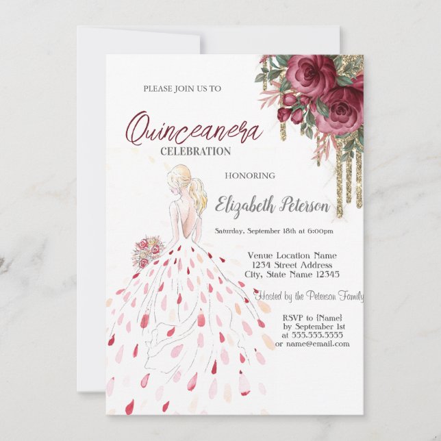 Gold Drips,Dress,Watercolor Roses Quinceanera  Invitation (Front)