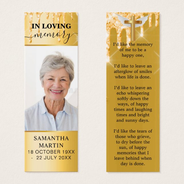 Gold Drips Elegant Memorial Funeral Bookmark (Front & Back)
