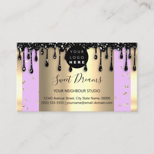 Gold Drips Frame Glitter Confetti Black Pink  Business Card (Front)