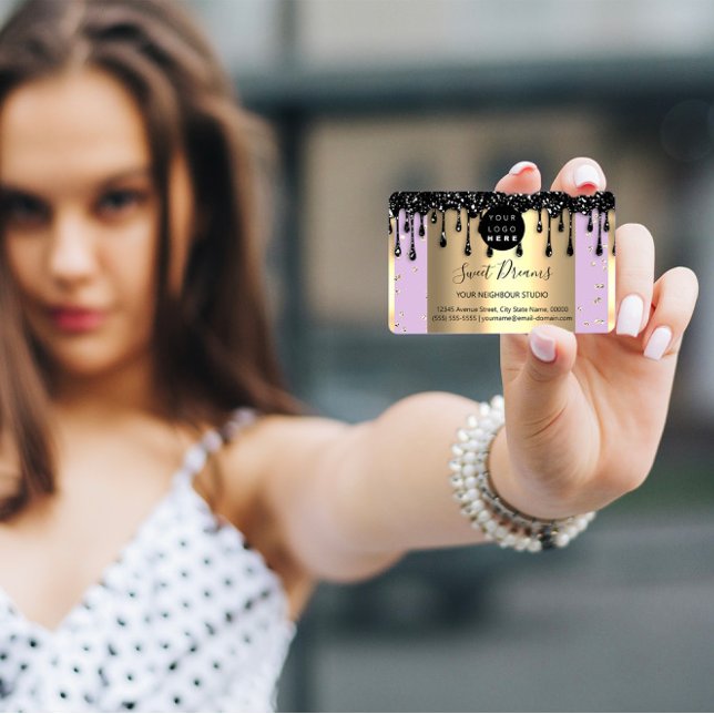 Gold Drips Frame Glitter Confetti Black Purple Business Card (Creator Uploaded)