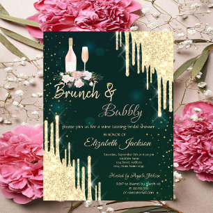 Gold  Drips Green Brunch & Bubbly Bridal Shower  Invitation