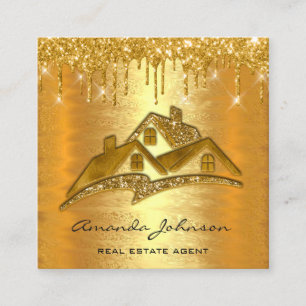 Gold Drips Logo House Real Estate Agent VIP Square Business Card