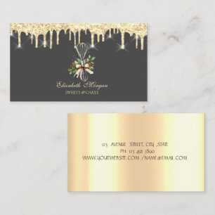 Gold Drips Rolling Pin Whisk Winter Flowers Business Card