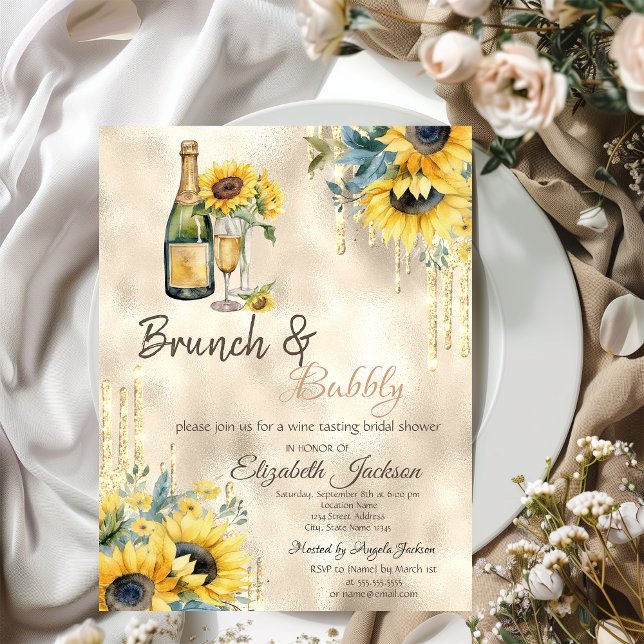 Gold Drips Sunflowers Wine Bridal Shower  Invitation (Creator Uploaded)