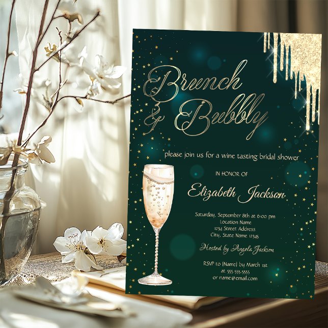 Gold Drips Wine Green Brunch & Bubbly  Invitation (Creator Uploaded)