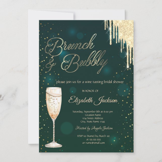 Gold Drips Wine Green Brunch & Bubbly  Invitation (Front)