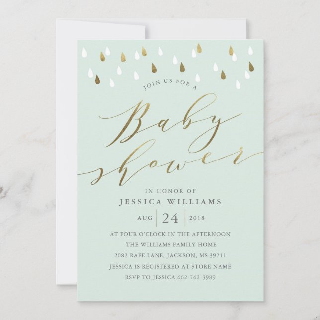 Gold drops and script baby shower invite in mint (Front)