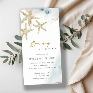 GOLD DUSKY BLUE BEACHY STARFISH BABY SHOWER INVITE