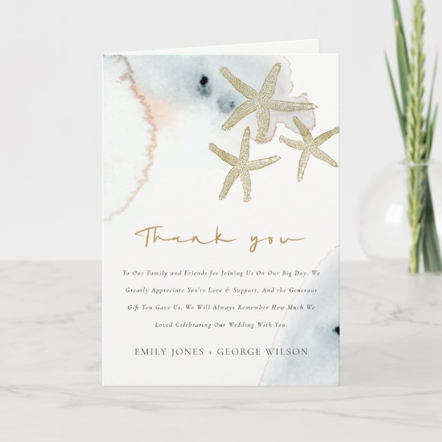 Gold Dusky Blue Beachy Starfish Baby Shower  Thank You Card (Front)