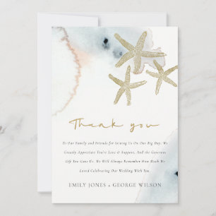 Gold Dusky Blue Beachy Starfish Baby Shower  Thank You Card