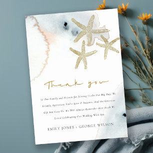Gold Dusky Blue Beachy Starfish Baby Shower  Thank You Card