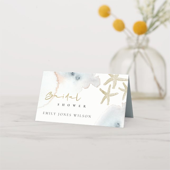Gold Dusky Blue Beachy Starfish Bridal Shower Place Card (Back)