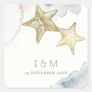 GOLD DUSKY BLUE BEACHY STARFISH MONOGRAM WEDDING SQUARE STICKER
