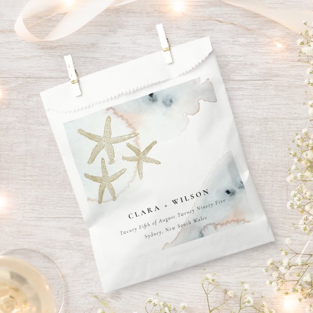 Gold Dusky Blue Beachy Starfish Watercolor Wedding Favour Bags (Clipped)