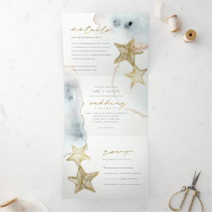 GOLD DUSKY BLUE BEACHY STARFISH WATERCOLOR WEDDING Tri-Fold INVITATION