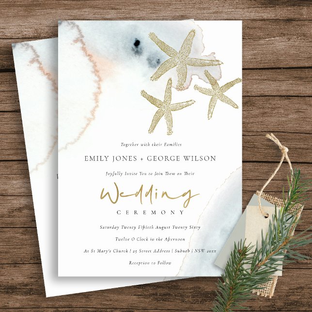 GOLD DUSKY BLUE BEACHY STARFISH WEDDING INVITE (Creator Uploaded)