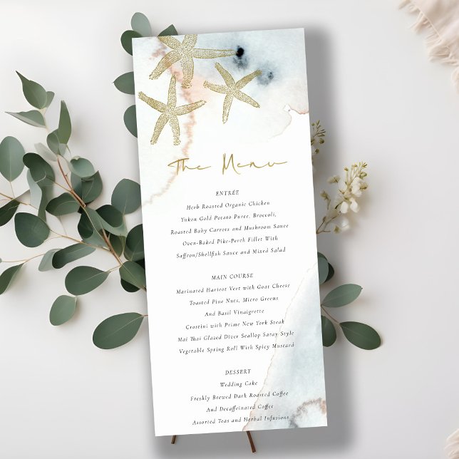 Gold Dusky Blue Beachy Starfish Wedding Menu Card (Creator Uploaded)