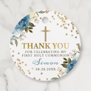 Gold Dusky Blue Floral First Communion Thank You Favour Tags