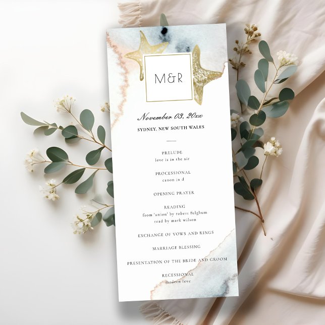 GOLD DUSKY BLUE STARFISH WEDDING CEREMONY PROGRAM MENU (Creator Uploaded)