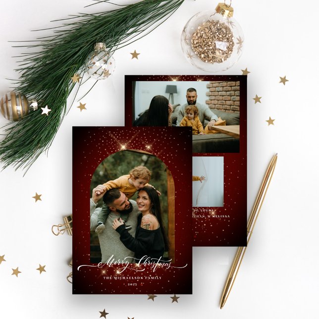 Gold Dust 3-Photo Festive Red Merry Christmas Holiday Card (Creator Uploaded)