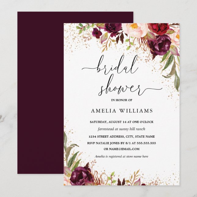 Gold Dust Burgundy Floral Bridal Shower Invitation (Front/Back)