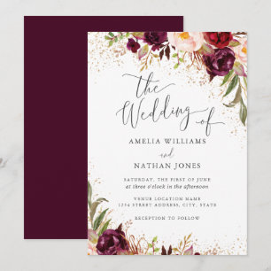 Gold Dust Burgundy Floral Fall Wedding Invitation
