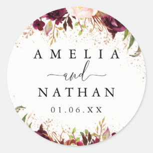 Gold Dust Burgundy Floral Watercolor Wedding Classic Round Sticker
