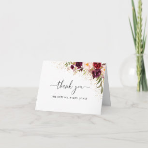 Gold Dust Burgundy Floral Wedding Thank You Card