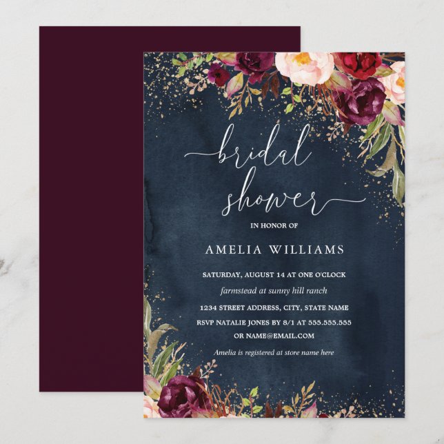 Gold Dust Burgundy Navy Floral Bridal Shower Invitation (Front/Back)
