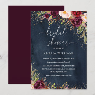 Gold Dust Burgundy Navy Floral Bridal Shower Invitation