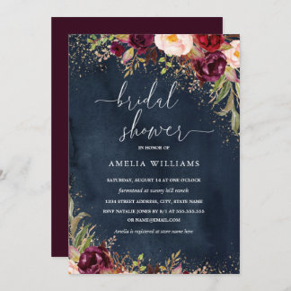 Gold Dust Burgundy Navy Floral Bridal Shower Invitation
