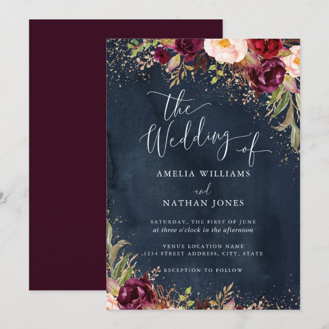 Gold Dust Burgundy Navy Floral Watercolor Wedding Invitation (Front/Back)