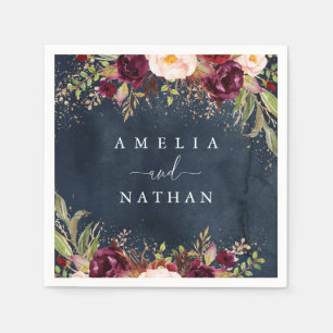 Gold Dust Burgundy Navy Floral Watercolor Wedding Napkin