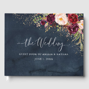Gold Dust Burgundy Navy Floral Wedding Guest Book
