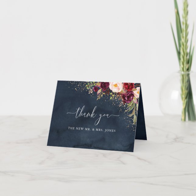 Gold Dust Burgundy Navy Floral Wedding Thank You Card (Front)