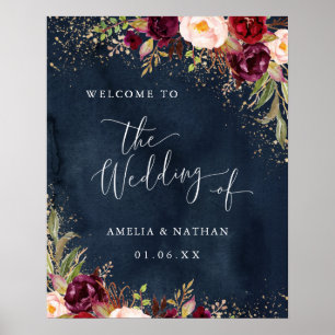 Gold Dust Burgundy Navy Floral Welcome Wedding Poster