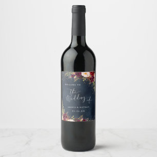 Gold Dust Burgundy Navy Floral Welcome Wedding Wine Label