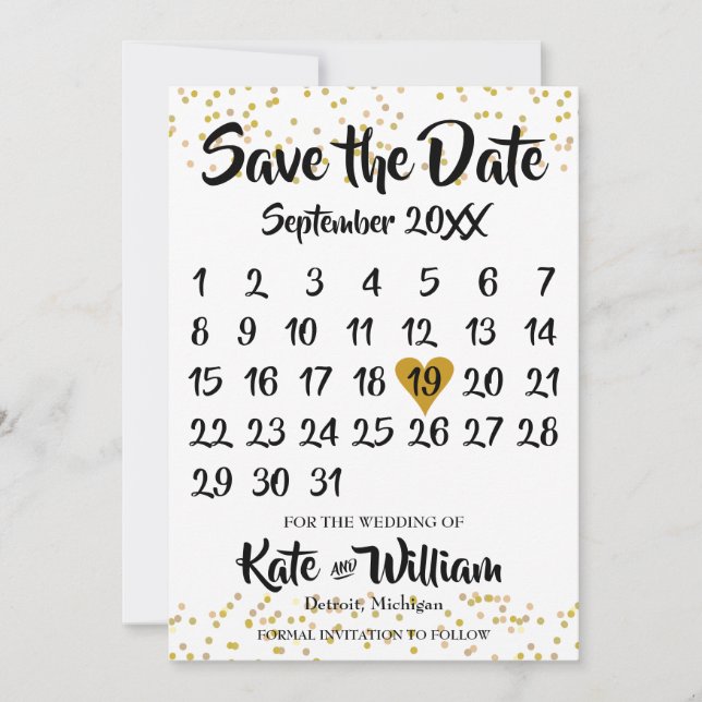 Gold Dust Confetti Calendar Photo Save the Date (Front)