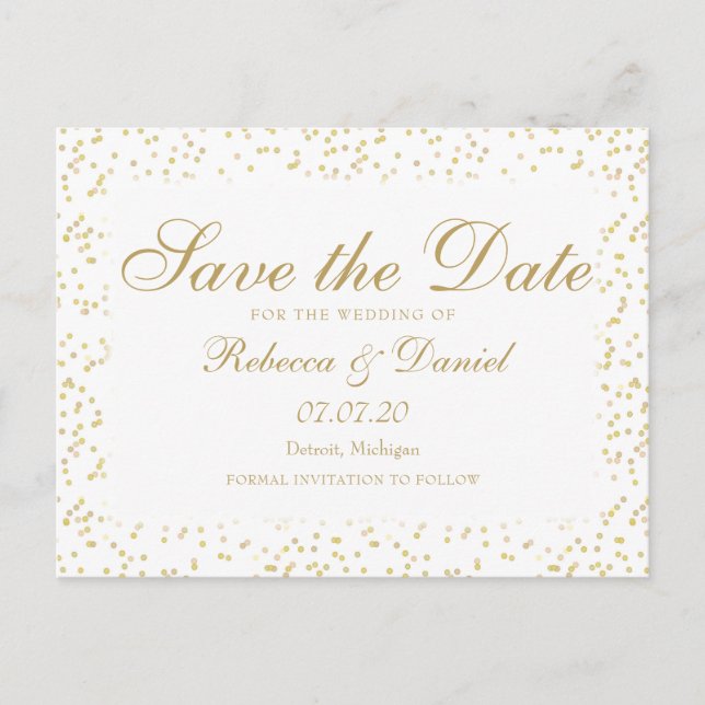 Gold Dust Confetti Script Save the Date Announcement Postcard (Front)