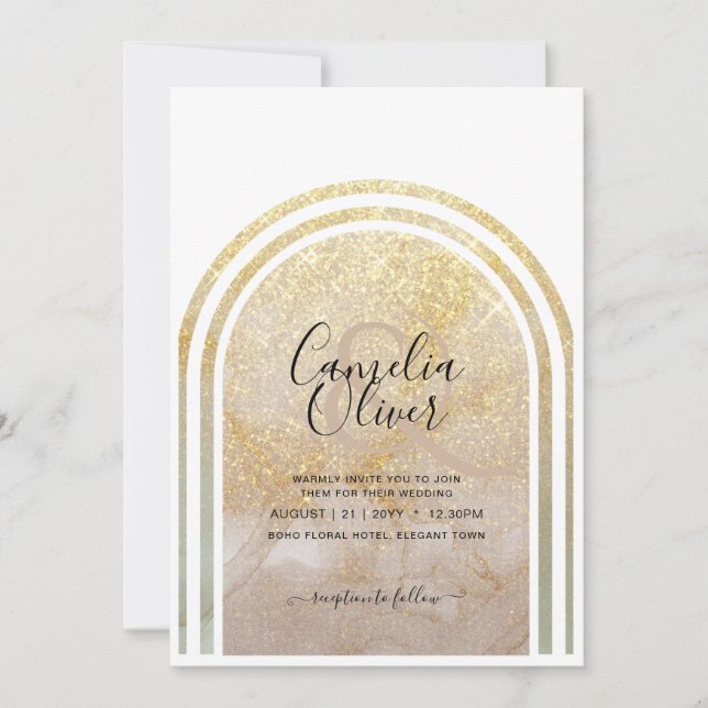 Gold Dust | Elegant Gold Glitter Arch Wedding Invitation (Front)