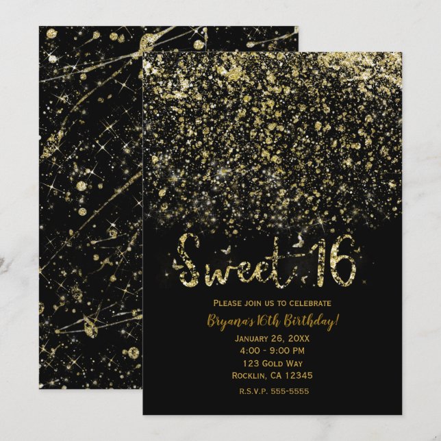 Gold Dust Glitter & Black Sweet 16 Sixteen Party Invitation (Front/Back)