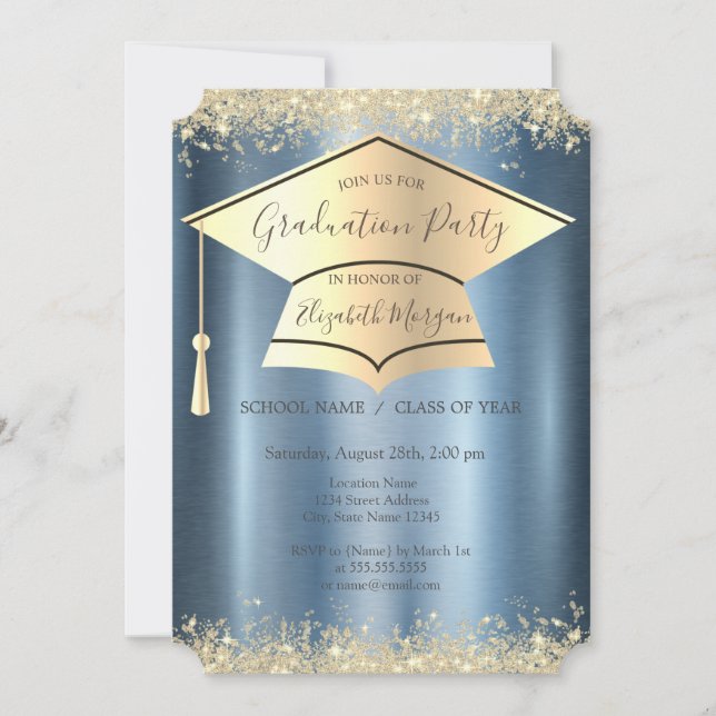 Gold Dust, Graduation Cap, Blue Graduation Invitation (Front)